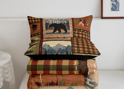 RV Camper Queen Comforter Set,Happy Camping Bedding Set for Teens Youth,Hunting Duck Bear Bedding Comforter Sets Rustic Plaid Woodland Adventure Duvet Insert with 2 Pillow Shams Bedroom Decor