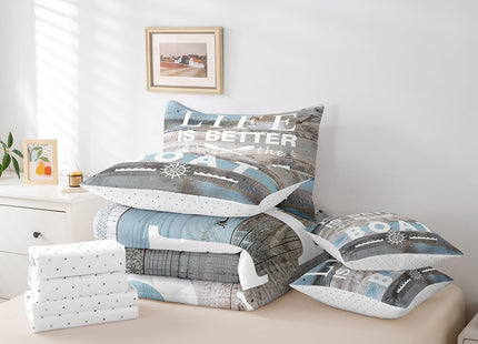 Erosebridal Lake House Comforter Set Twin Size 7 Piece,Paddle Boating Bedding Set with Sheet Set,Rustic Farmhouse Bed in A Bag Lake House Gifts for Men,Blue Grey Wooden Board Bed Set
