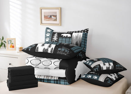 Erosebridal 7 Piece Rustic Cabin Bear Full Bedding Set, Deer Hunting Wildlife Woodland Comforter Set, Camping RV Camper Quilts Blue and Black Checkered Patchwork Bed in a Bag (Fitted + Flat Sheet)