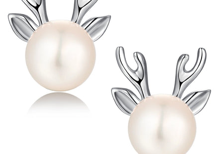 Silver Deer Reindeer Stud Earrings for Women 925 Sterling Silver Deer Pearl Earrings 8mm Deer Christmas Jewelry Han han