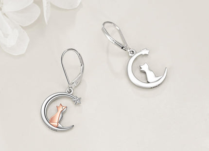 Fox Earrings 925 Sterling Silver Moon Fox Leverback Drop Dangle Earrings Origami Fox Jewelry Gift for Women