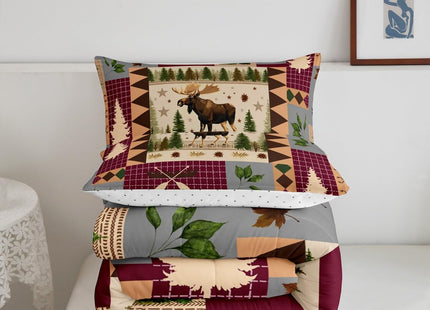 Rustic Patchwork Comforter Set King,Moose Deer Hunting Quilt for Kids Teens Adults Bedroom Decor,Country Wooden Canoe Maple Leaf Duvet Insert Southwestern Check Plaid Bedding,Camping Room Decor