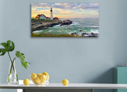 tigeridge Portland Head Light Wall Art Sunset Lighthouse Canvas Wall Art for Living Room Ocean Canvas Pictures Seascape Artwork Canvas Prints Office Home Wall Decor Framed Ready to Hang 20" x 40"