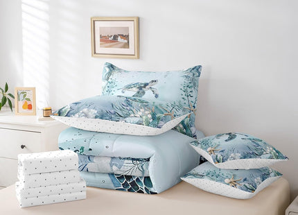 Sea Turtle Comforter Set 7 Piece Bed in a Bag Twin,Teal Blue Ocean Beach Coastal Bedding Set Starfish Octopus Tentacles Sheet Sets with Comforter Creature Coral Bed Set,Kawaii Fish Room Decor