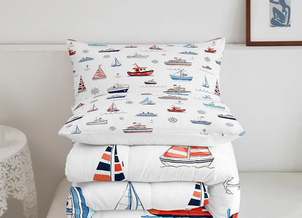 Nautical Bedding Set Queen Size,Coastal Beach Comforter Set with 2 Pillow Cases Sailboat Anchir Print Quilt for Kids Teens Boys Men Bedroom Decor,Navy Blue Red White Soft Microfiber Duvet Insert 3Pcs