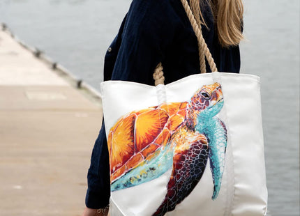 Sea Bags Recycled Sail Cloth Multicolor Sea Turtle Medium Tote Travel Tote Bag, Carry On Bag, Tote Bag for Work Rope Handles