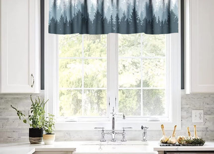 Foggy Forest Valance Curtain, Green Coniferous Tree Silhouette Mist Landscape Windows Curtain Valance for Kitchen Dining Room Canteens Home Decor, One Panel 54x18in