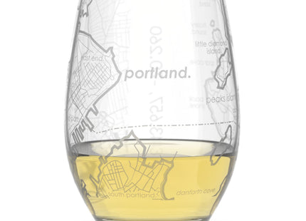 Well Told Engraved Portland Maine Map Stemless Wine Glass, Etched Glass (15 oz, Clear) City Custom Gifts for Lovers