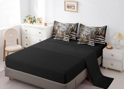 Erosebridal Full Comforter Set 7 Piece Deer American Flag Bed in A Bag Woodland Hunting Deer Elk Bedding Set with Sheet Set and Pillow Covers for Kids Adults,Reversible Black Bed Set