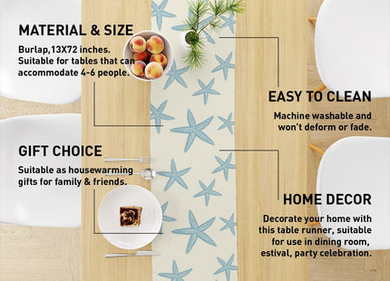 Blue Starfish Table Runner,Nautical Beach Table Runner Decor for Dinning Room Kitchen Summer Ocean Sea Decorations for Holiday Party, Housewarming Gifts for Women Friends Couple, 13X72Inches