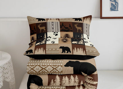 Feelyou Bear Comforter Set for Boys Deer Comforter Rustic Bear Bedding Set Toddler Size Deer Hunting Southwestern Plaid Grid Brown Duvet Set 2Pcs