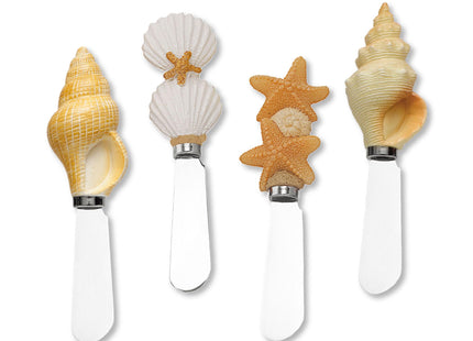 Supreme Housewares Seashell Cheese Spreaders, Hand-Painted Resin Handles with Stainless Steel Blades for Spreading Cream Cheese, Butter, and Jam, Assorted Designs, Set of 4