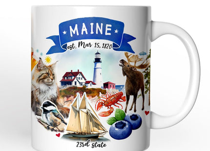 OrnamentallyYou State Travel Landmark Mugs – 12 oz Ceramic Coffee Cups, U.S. Souvenir Gift for Tourists (Artistic Maine State Themes and Landmarks Mug)