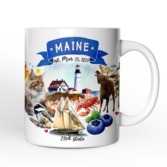 OrnamentallyYou State Travel Landmark Mugs – 12 oz Ceramic Coffee Cups, U.S. Souvenir Gift for Tourists (Artistic Maine State Themes and Landmarks Mug)
