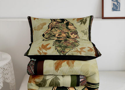 Wolf Bedding Set Twin For Boys Woodland Camo Hunting Comforter Set Army Green Tree Branches Camouflage Wild Animal Quilt Comforter For Adults Men,Botanical Leaves Rustic Duvet 1 Pillow Case