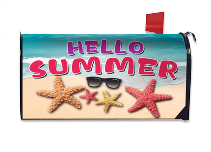 Hello Summer Beach Starfish Magnetic Mailbox Cover - 18" X 21" Post Wrap for Home Garden Yard Decor