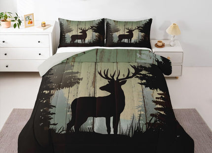 Castle Fairy Deer Hunting Comforter Set King Size,Rustic Farmhouse Wooden Bedding Set 3pcs for Kids Teens Adults Room Decor,Pine Botanical Animals Silhouette Quilted Duvet Retro Brown Bedspread