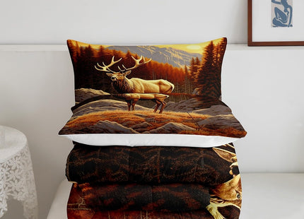 Deer Hunting Quilt Queen,Anlter Hunter Bedding Set for Adults Men Boys Home Room Decor,Western Mountian Woodland Tree Duvet Insert Retro Rustic Country Cabin Lodge Comforter Set with 2 Pillowcases