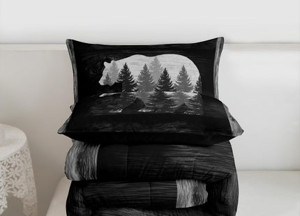 Castle Fairy Lodge Cabin Comforter Set Gray Bear Pine Tree Silhouette Pattern Quilted Duvet with 2 Pillowcases+1 Wild Animal Western Jungle Style Bedding for Teens Adults Full Size 3 Pcs