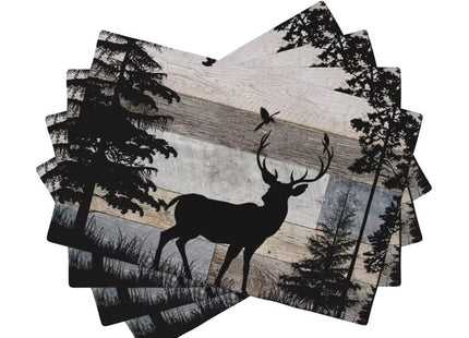 JanJCurt Rustic Deer Placemats, Retro Cabin Country Blue Brown Wooden Board Wild Forest Animals Deer Bird Print Print Placemats for Home Kitchen Dining Dinner Mats, 12x18 Inch, 4PCS