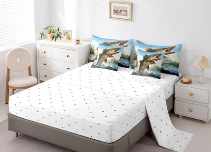 Feelyou Big Pike Fish Comforter Set with Sheets Hunting and Fishing Themed 7 Piece Bedding Set for Kids Boys Girls Underwater Animals Bed in a Bag Soft Bedding Comforters Full Size
