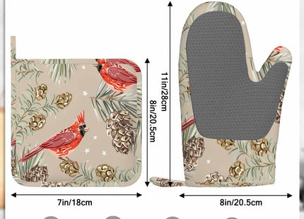 Mxocom Red Cardinal Birds Silicone Oven Mitts and Pot Holders Sets Fir Pine Twigs Cedar Cones Winter Xmas BBQ Gloves for Kitchen,Cooking,Baking,Grilling