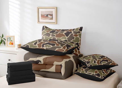 Erosebridal Bear Camo Bed in A Bag 7 Pcs Camouflage Hunting Bear Comforter Set for Kids Boys Girls Rustic Camo Army Wildlife Bedding Sets Twin Green Military Woodland Animals Sheet Set with Comforter