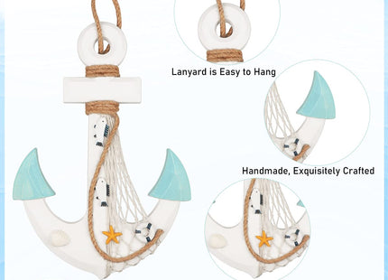 13" Nautical Wooden Anchor with Rope Nautical Beach Wood Anchor Wall Art Decor Door Hanging Ornament Beach Theme Home Decoration (White&Green)