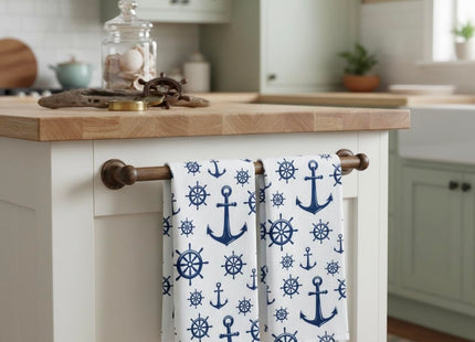 Nautical Coastal Cotton Kitchen Dish Towels, Blue Anchors, Set of 2 ,15x25