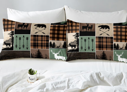 Erosebridal Farmhouse Retro Rustic Sheet Set Twin Size, Kids Country Bear Deer Bed Sheet Hunting Wild Animal Fitted Sheet - Plaid Arrows Flat Sheet Adventure Patchwork - 1 Pillow Case, Brown Green