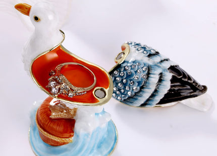 Hand Painted Enamel Seagull Trinket Box for Home Decor, Hinged Jewelry Organizer for Ring Earrings, Unique Figurine Keepsake Collectible Personalized Elegant Handmade Ornament Gifts (White Seagull)
