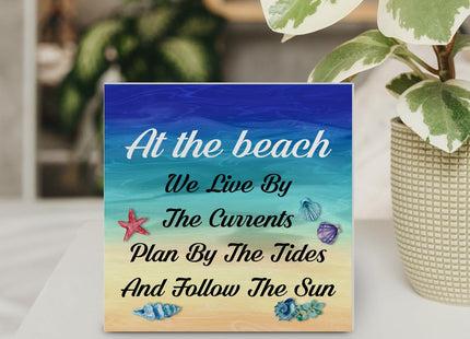 Summer Beach Decor Seashell Wood Block Sign Summer Decorations for Home Desk Table Shelf 5 x 5 Inches