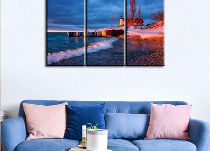 Large 3 Pieces Canvas Prints Wall Art Beautiful Michigan Landscape Lighthouse at Sunset on the Waters Surface Pictures Modern Home Decor Stretched Gallery Wrap Giclee Print Ready to Hang - 28''x42''