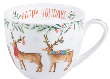 MFoffice Christmas Reindeer Mug – 20oz Bone China Coffee Tea Hug Mug with Happy Holidays Inside, Perfect Christmas or Any Holiday Gift for Women & Men – Designed in England by Harvest Green Studio