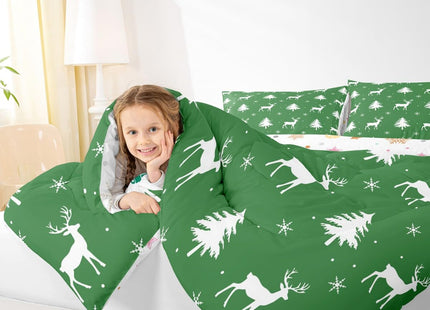 Manfei Christmas Deer Girls Bedding Set Twin Size, Snowflake Pine Tree Comforter Set，Rustic Farmhouse Xmas Quilt Comforter for Boys Teens,Green White Room Decor All Season,1 Pillowcase