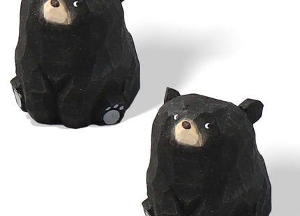 COVRA 2-Pack Handmade Carved Wooden Bear Figurines, 1.4" Sitting Bear Statues, Solid Wood Mini Decor for Bedroom, Office, Playroom, Art Carving Ornament, Gift Idea (Black Bear)