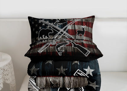 Homewish Retro American Flag Comforter Set Twin Size,Hunting and Fishing Bedding Set,Duck Deer Bear Bass Fish Wild Animals Theme Quilt Set for Kids Boys Men Teens Room Decor,Rustic Duvet Insert 2Pcs