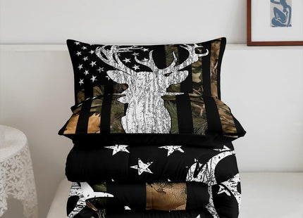 Camouflage Deer Comforter Set Twin Woodland Tree Botanical Camo Flag Bedding Set Hunting American Flag Comforter For Kids Boys Teen Men,Nature Conifer Oak Branches Leaf Quilt Duvet Black Brown 2 Pcs