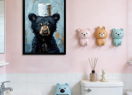 Framed Funny Black Bear Bathroom Canvas Wall Art Adorable Bear with Toilet Paper Painting picture Wall Decor Cute Animal Poster Print Artwork for Bathroom Modern Nursery Humor Home Decor 12x16 in