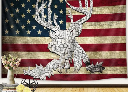 DYNH American Flag Hunting Deer Tapestry, Western Red and White Country Deer Wall Hanging Home Decoration, Rustic Tapestries Poster Blanket College Dorm Home Decor,60X40In