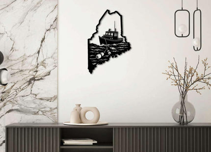 Maine State Map with Fishing Boat Metal Wall Art Decor, Outdoor Decor Metal Signs, Nautical Coastal Style, Elegant Artwork, Wall Decor for Living Room and Office Space (Black,20inch)