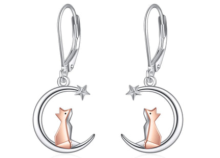 Fox Earrings 925 Sterling Silver Moon Fox Leverback Drop Dangle Earrings Origami Fox Jewelry Gift for Women