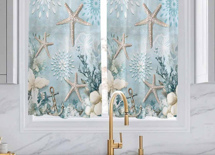 Teal Ocean Coastal Kitchen Curtains 54 Inches length, Summer Beach Window Treatment Curtain Drapes, Nautical Coral Starfish Thermal Insulated Drapes for Basement Hotel RV, 42"x54", 2 Panels