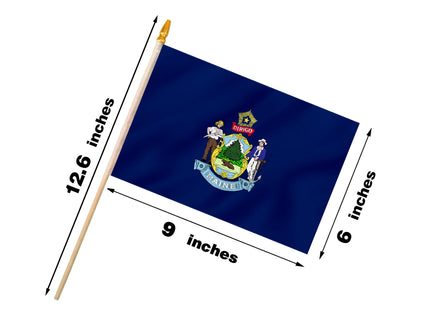 Maine State Handheld Stick Flag 6x9 Inch 12 Pack Small Mini ME Flag On Wooden Stick For Patriotic Festival Events Party Decoration (ME, 6x9 In)