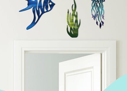 Zonon 3 Pcs Coastal Wall Decor Nautical Wall Decor Ocean Beach Themed Room Decoration Metal Jellyfish Fish Seaweed Beach Hanging Decoration Rustic Ocean Coastal Home Art for Living Bedroom Bathroom