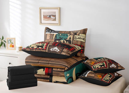 Erosebridal Retro Cabin Comforter Set 7 Piece Bed in a Bag Twin,Rustic Bear Deer Bedding Sets Hunting Wildlife Wild Animal Comforter and Sheet Set,Plaid Lodge Farmhouse Western Bed Set