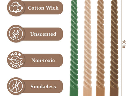 Whaline 8 Pcs 10 Inch Woodland Spiral Taper Candles Green Brown Dripless Twisted Wax Candles Long Unscented Candle Sticks for Home Forest Party Table Decor Supplies