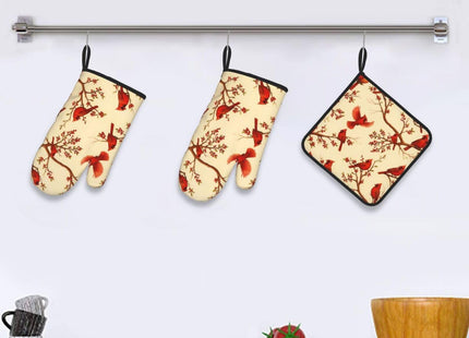 Red Cardinal Oven Mitts and Pot Holders Sets of 3, Non-Slip Christmas Heat Resistant Kitchen Gloves Hot Pad, Cardinal Gifts for Women, Rustic Christmas Kitchen Decor, Baking Cooking Grilling Gifts