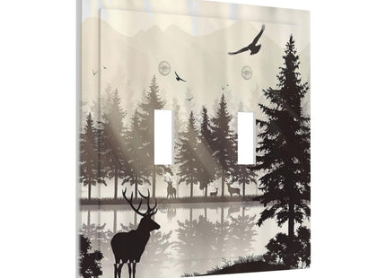 Misty Forest Deer Mountain Tree Black Woodland Lake Nature 2 Gang Light Switch Cover Double Toggle Wall Plate Decorative Switchplate Electrical Faceplate for Bathroom Kitchen Bedroom Decor
