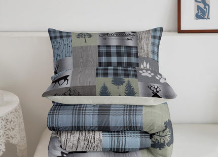 Hunting Deer Bear Comforter Sets Queen Size,Rustic Farmhouse Bedding 3pcs Kids Teens Men Cabin Home Decor Decor,Grey Plaid Patchwork Print Quilt Set Wild Animals Plants Duvet Insert,2 Pillowcases